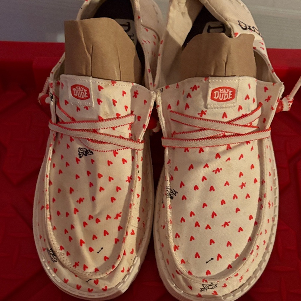 Hey Dude Women’s Moccasins - Cream with Red Patterns - Valentines Hearts